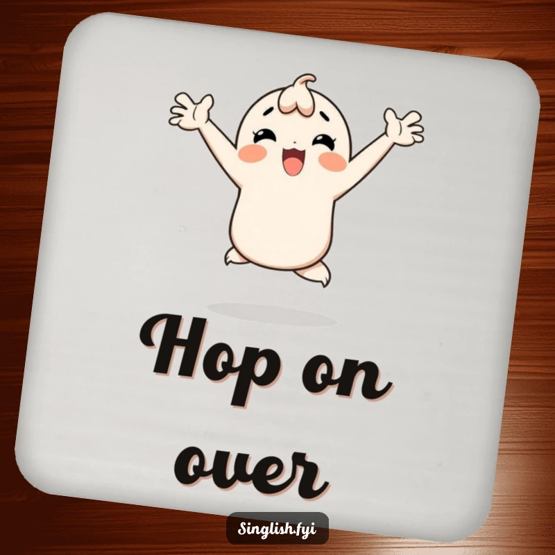Funny coaster of a character doing a happy hop with arms thrown wide, perfect for surface protection and joy.
