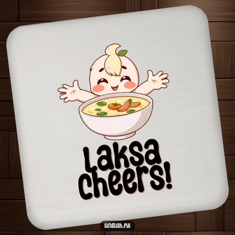 Funny drink coaster with a happy character embracing a bowl of laksa, a comforting way to protect surfaces.