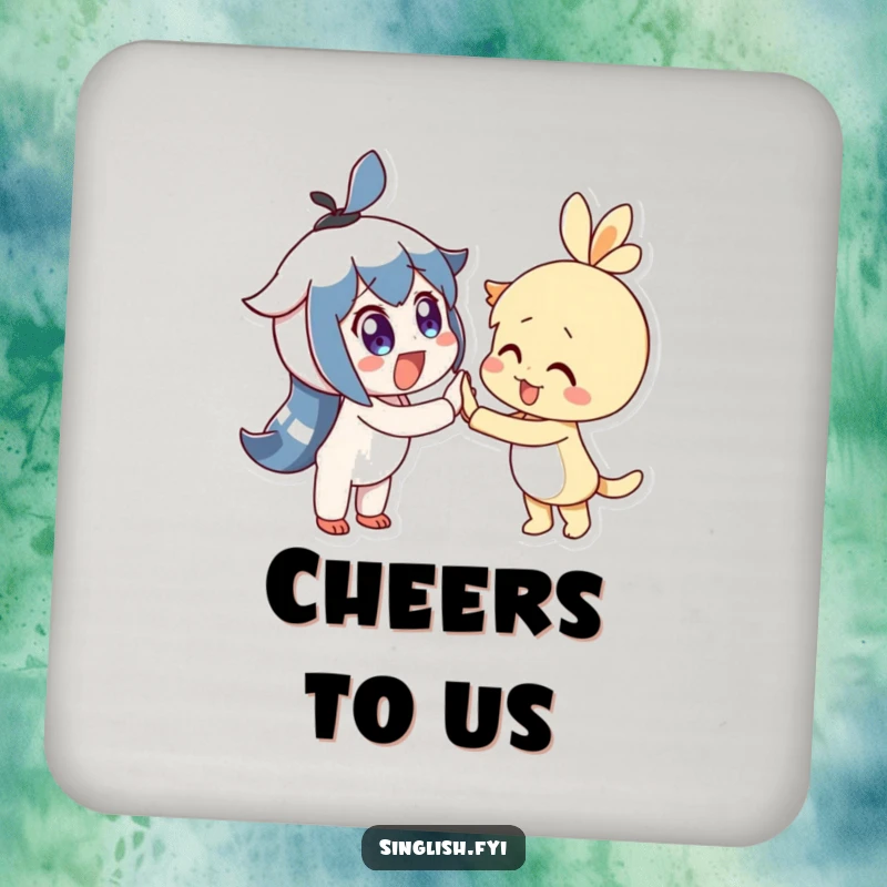 Funny Coaster depicts two delighted characters with wide eyes joyfully high-fiving, a cheerful table accessory.