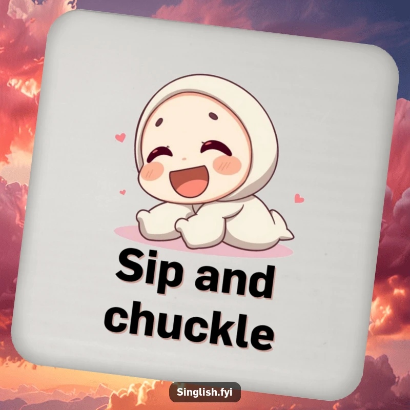 Funny drink coasters depicting a character laughing heartily on the ground, adding humor and surface protection.