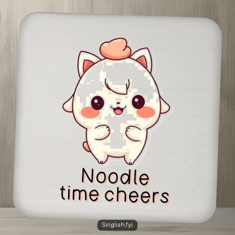 Funny drink coaster with a playful character, cheeky smile, holding mee pok, a humorous way to protect surfaces.