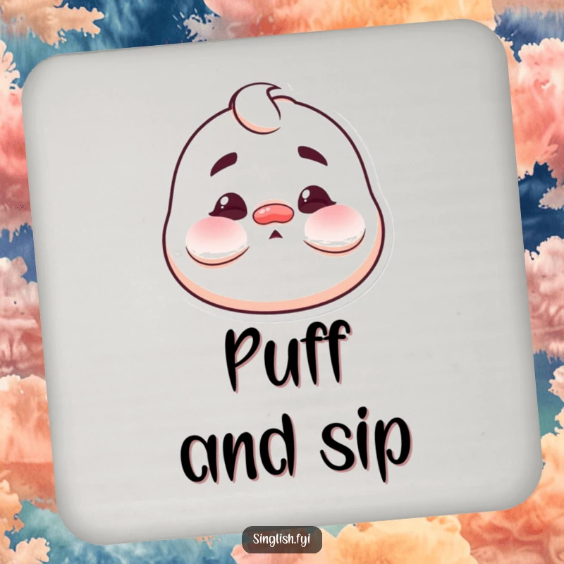 Funny Puffed Cheeks Drink Coaster featuring a character making a funny, exaggerated face with puffed cheeks, celebrating comical silliness.