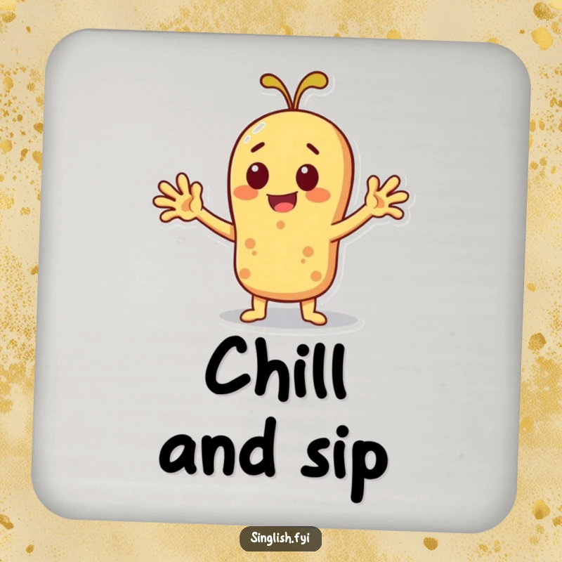 Funny cheerful roti character fanning itself, depicted on a protective drink coaster.