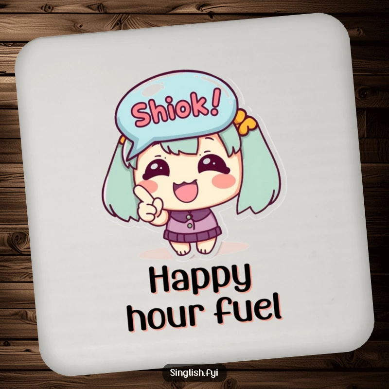 Funny Coaster depicts a cute happy character excitedly pointing at a 'Shiok!' bubble, a cheerful table accessory.