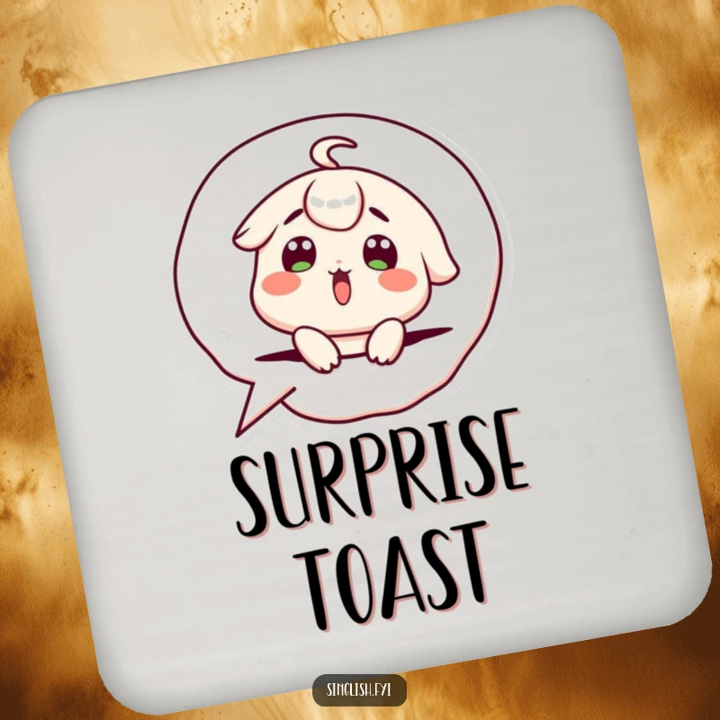 Funny Coaster Set: Cute character with a surprised expression popping out of a speech bubble, protecting tables with humor.