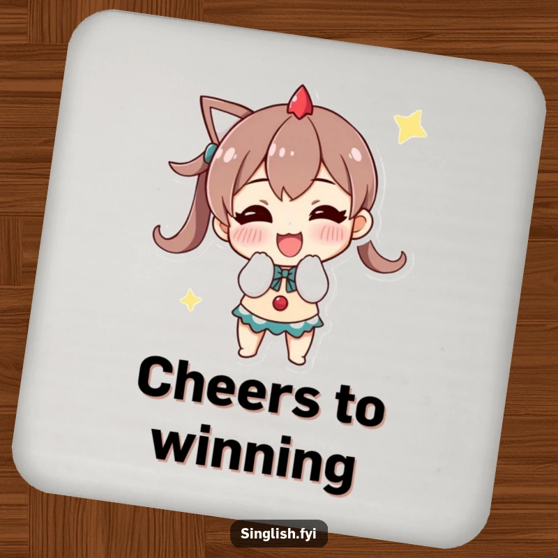 Funny coaster of a character doing a triumphant bow with a grin, perfect for protecting surfaces humorously.