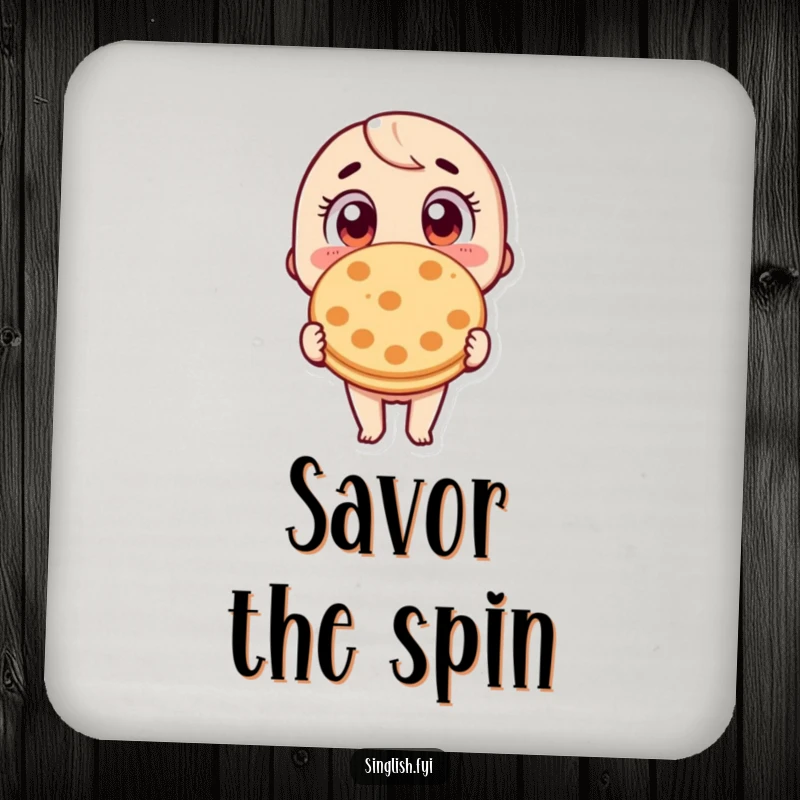 Funny Roti Prata Coaster: Protective coaster featuring a character with wide eyes, holding a roti prata, adding foodie humor to any table.