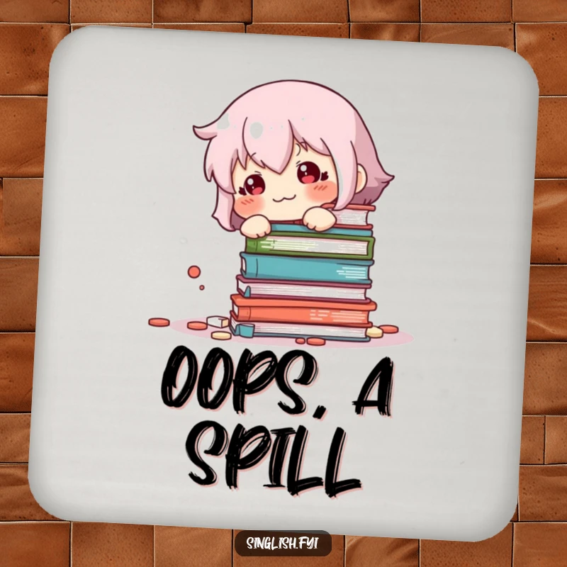 Funny Book Knockover Coasters: Cute sheepish character beside fallen books, protecting furniture with a humorous and relatable design.