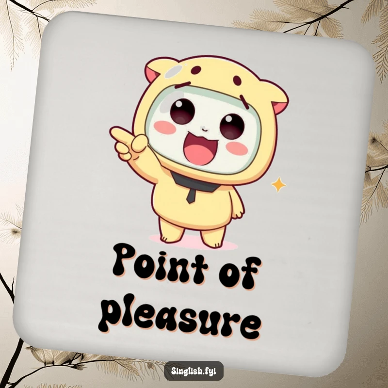 Funny drink coaster with a cute character pointing, protecting surfaces while adding a humorous and engaging element to any table.