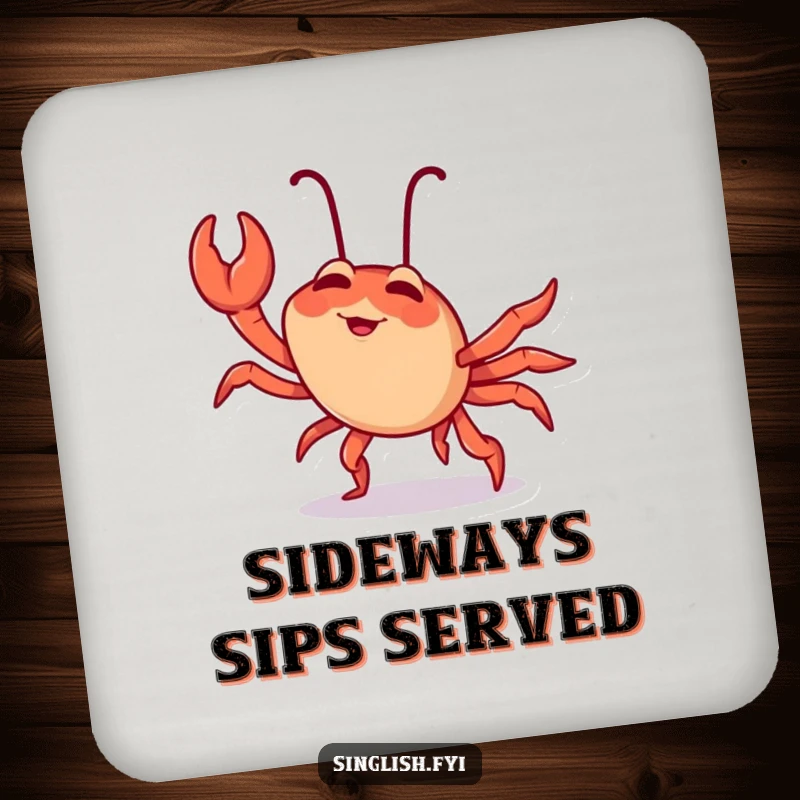 Funny chilli crab drink coaster showing a giggling character comically doing a sideways crab walk, adding a humorous touch to drinks.