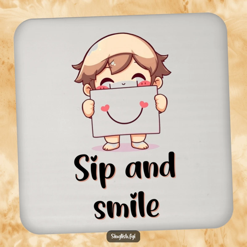 Funny drink coaster with a character beaming a huge grin, holding a smiley face sign, protecting surfaces with cheerful style.