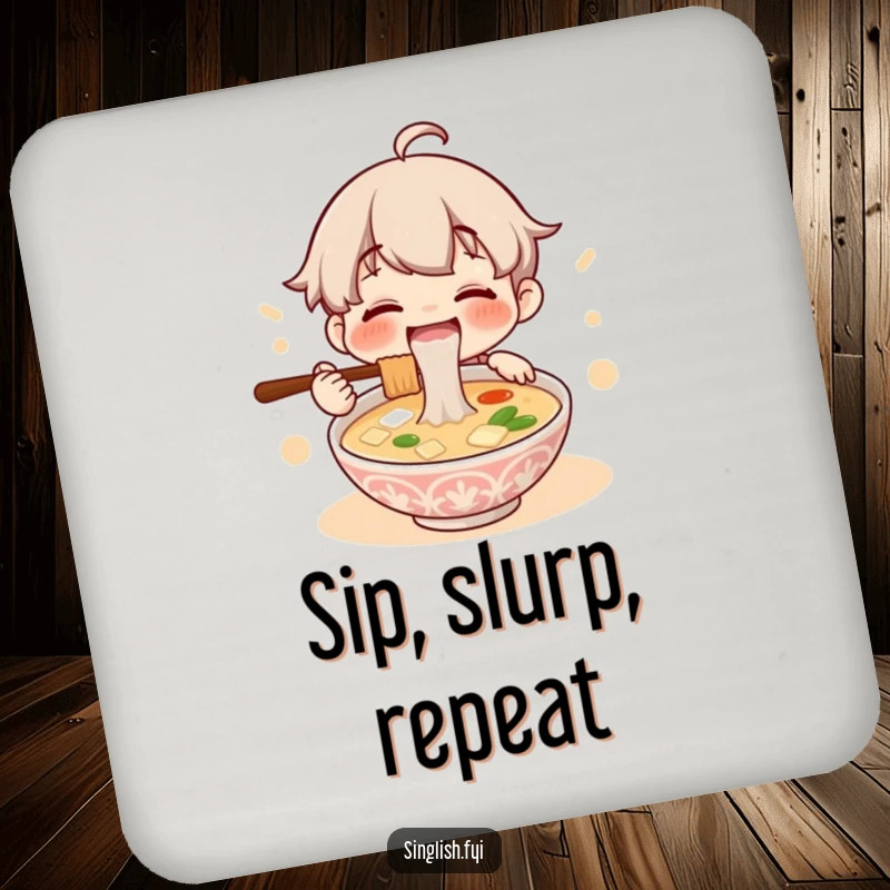 Funny drink coaster showcasing a character happily slurping lontong soup, adding a protective and humorous touch to any surface.