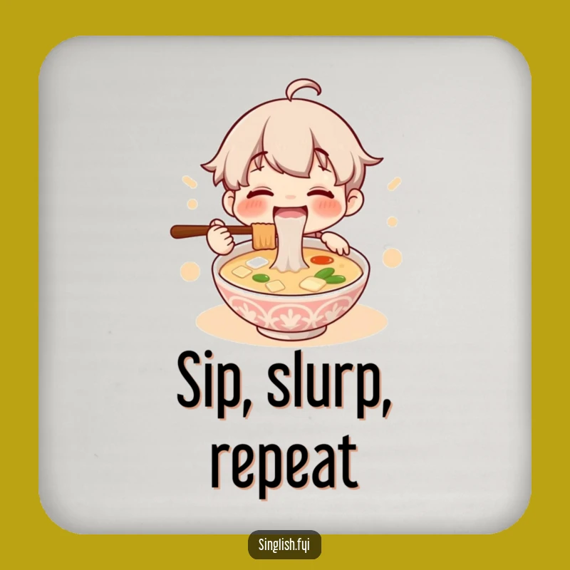 Funny Lontong Soup Coaster: Happy Character Slurping Noodles, Table Protection Humor Gift