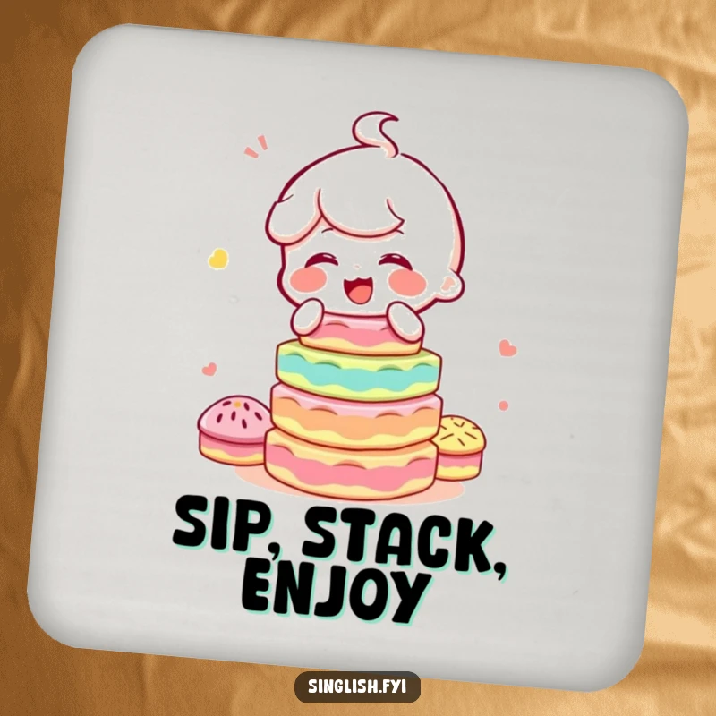Funny drink coaster showcasing a character giggling while balancing a colorful stack of kuih, adding protection and sweet personality.