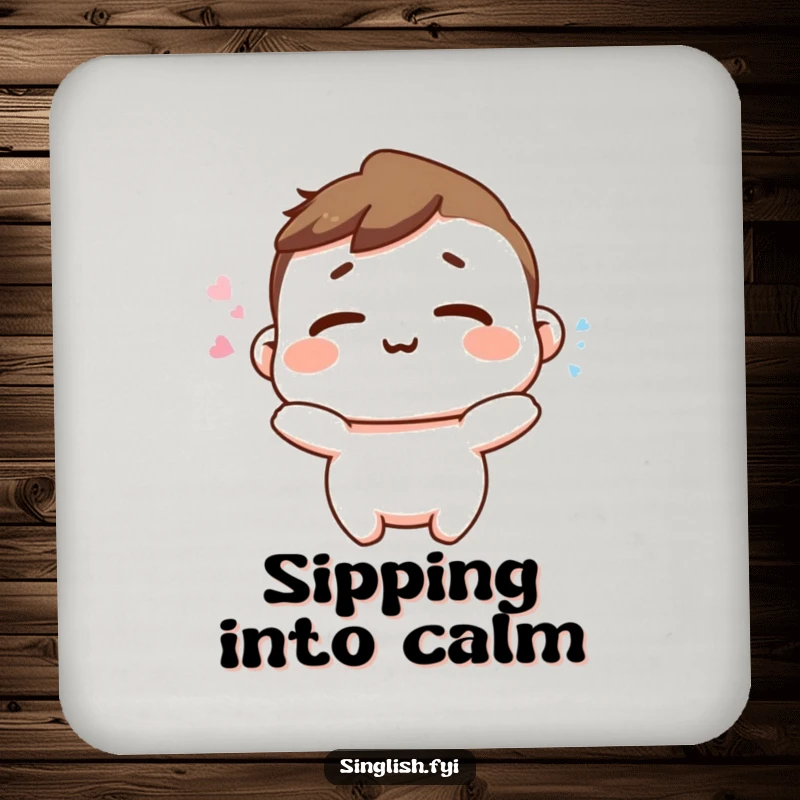 Funny Happy Sigh Coaster: A character releasing a happy sigh with relaxed shoulders, protecting surfaces peacefully.