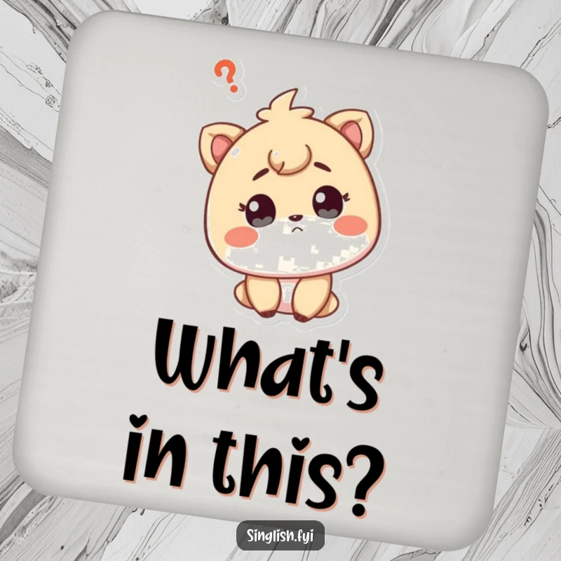 Funny drink coaster with a curious character, head tilted, questioning expression, a thoughtful way to protect surfaces.