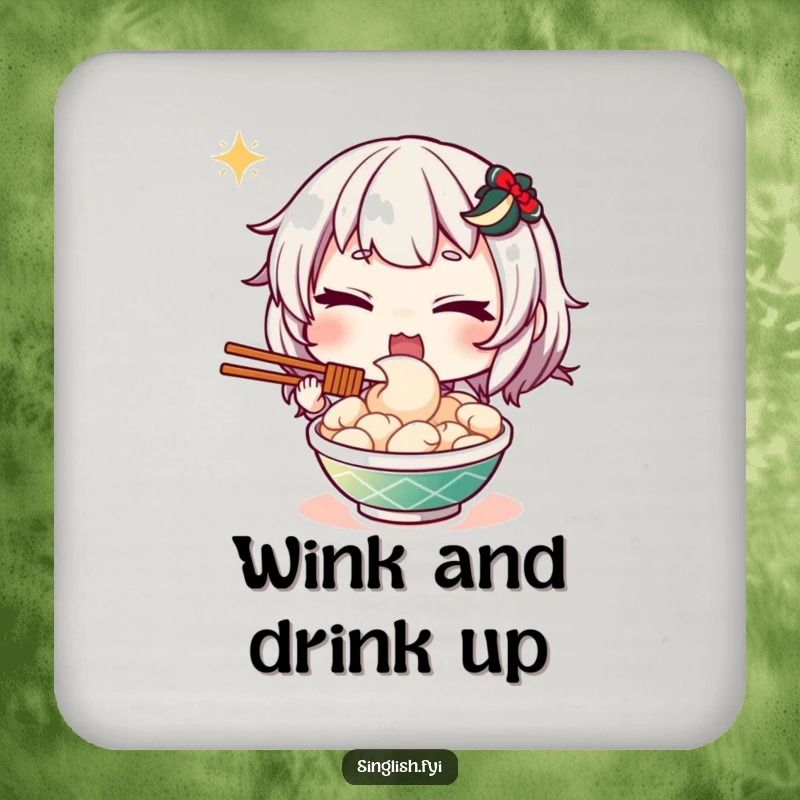 Funny drink coaster showcasing a character giving a playful wink beside a delicious plate of mee goreng, adding protection and personality.