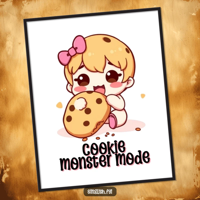 Funny Cookie Muncher Poster: Illustration of a character happily munching a cookie with crumbs falling, a humorous and appetizing wall art.