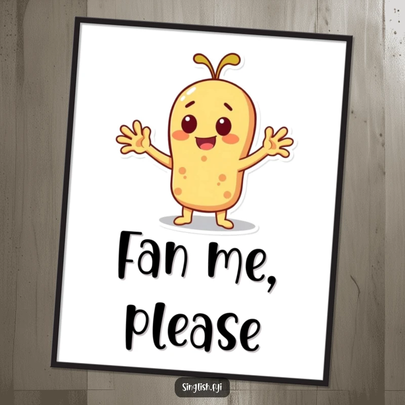 Funny cheerful roti character fanning itself with outstretched arms, presented as a wall art poster.