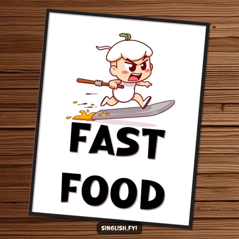 Funny poster featuring a determined char kway teow character speeding along on a spatula, creating dynamic and humorous wall art.
