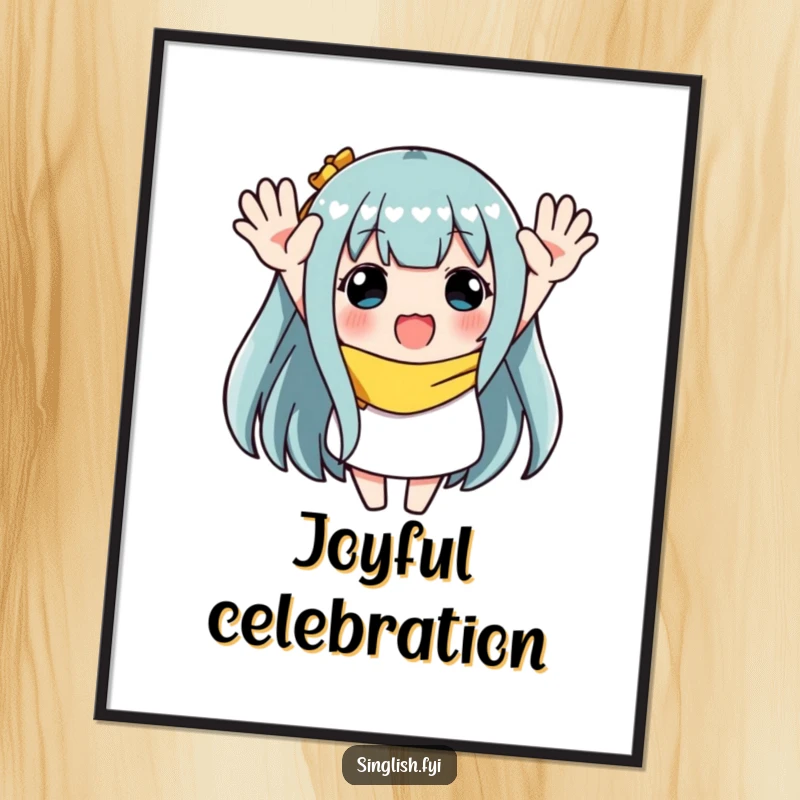 Funny poster featuring a character waving both hands in the air, perfect for creating a festive, joyful, and celebratory focal point.