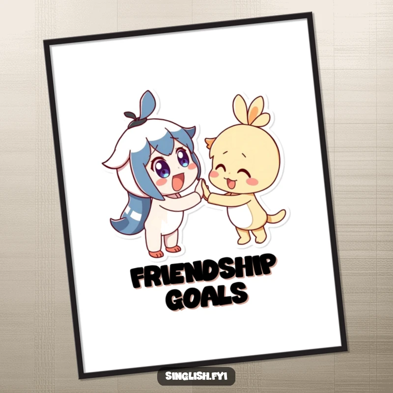 Funny Poster shows two delighted characters with wide eyes joyfully high-fiving, adding a celebratory touch to any space.