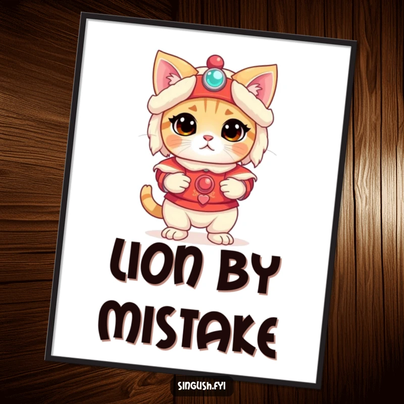 Funny Cat Poster: A bewildered cat in a lion dance costume looks confused, creating funny pet wall art, perfect funny gift.