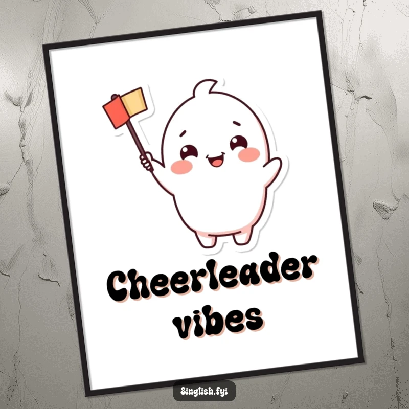 Funny Waving Flag Poster: An illustration of a character with a cheerful grin happily waving a tiny flag, capturing festive joy and positivity.