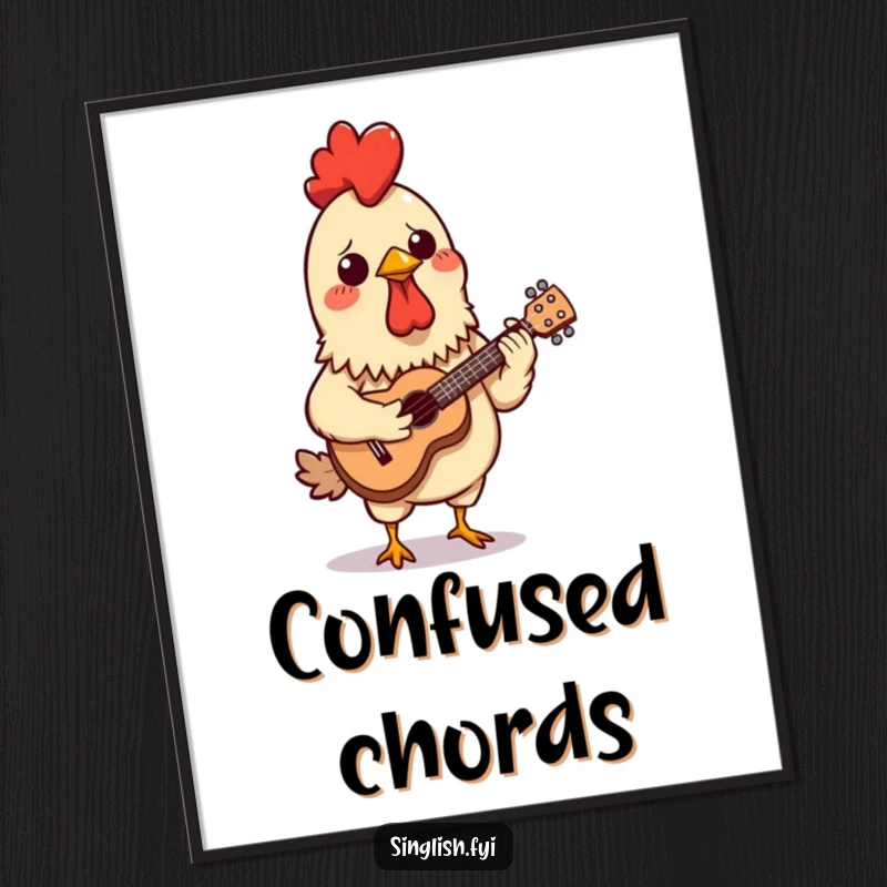 Funny poster print of a confused chicken satay skewer attempting to play a miniature ukulele, adding surreal humor to any wall.