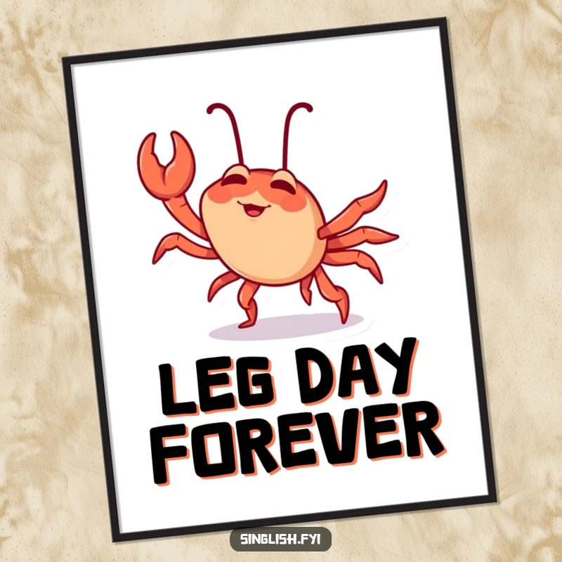 Funny chilli crab poster featuring a giggling character comically attempting a sideways crab walk, a burst of colorful fun and humor.