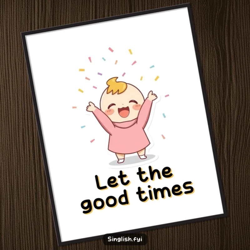 Funny Confetti Thrower Poster showing a small character gleefully tossing confetti, humorous and festive wall decor.