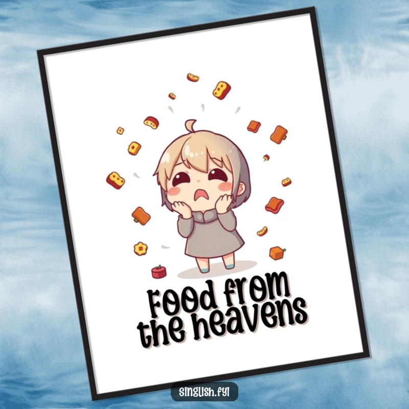 Funny food rain poster featuring a surprised character in a sudden downpour of tiny food items, perfect decor.