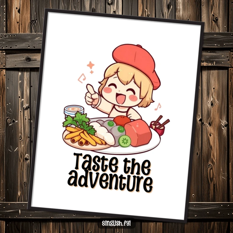 Funny foodie character poster excitedly pointing at local food, perfect wall art for kitchens and dining rooms.