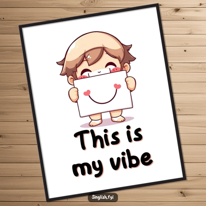 Funny poster art of a character with a massive grin holding a smiley face sign, radiating pure joy and positive energy.