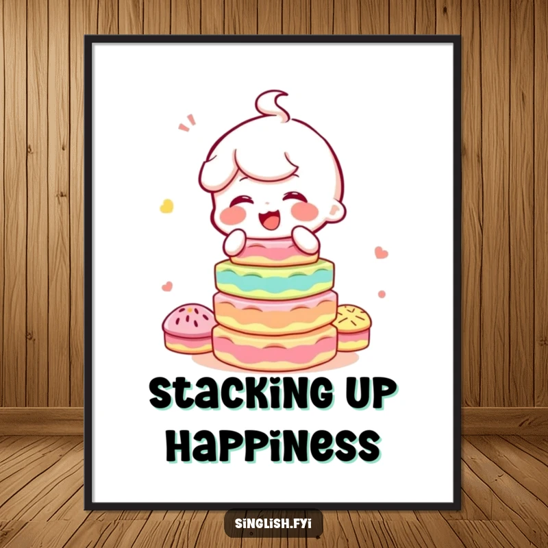 Funny poster print of a character giggling exuberantly while balancing a multi-layered, colorful stack of kuih, radiating pure joy and fun.