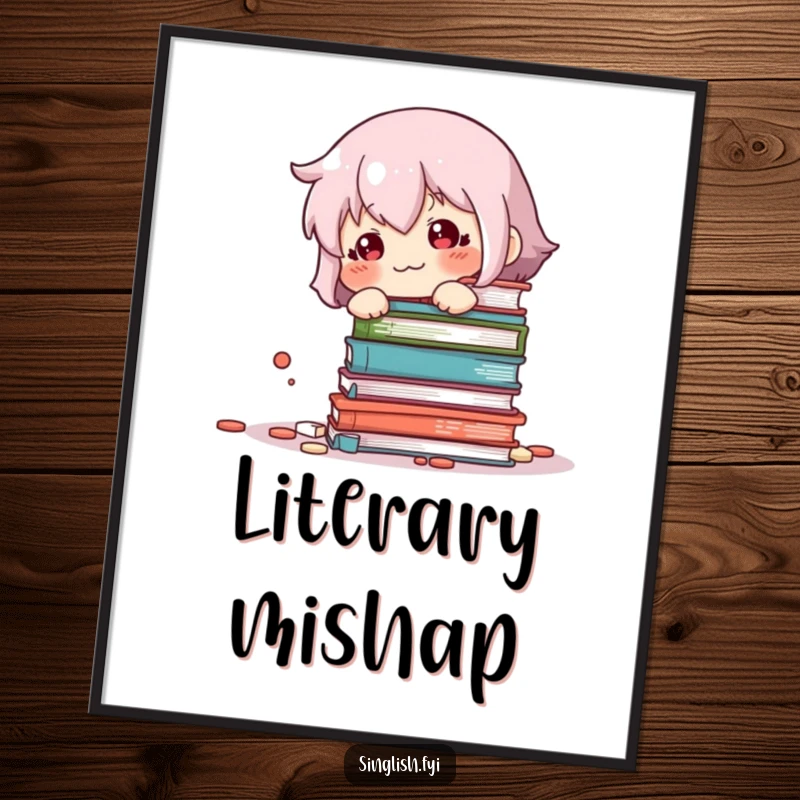 Funny Book Knockover Poster: Illustration of a sheepish character looking guilty by a toppled stack of books, a humorous wall art piece.