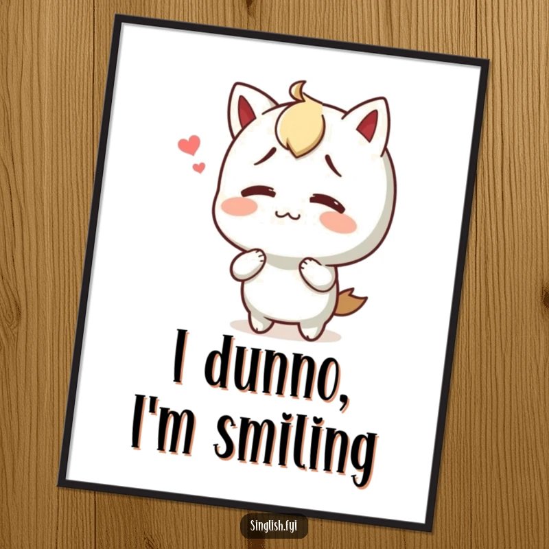 Funny poster of a character shrugging with a happy yet confused look, perfect for humorous wall art and gifts.