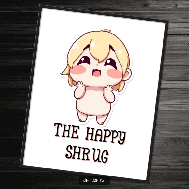Funny Shrugging Character Poster featuring a cute character shrugging with a confused but happy expression, celebrating playful uncertainty.