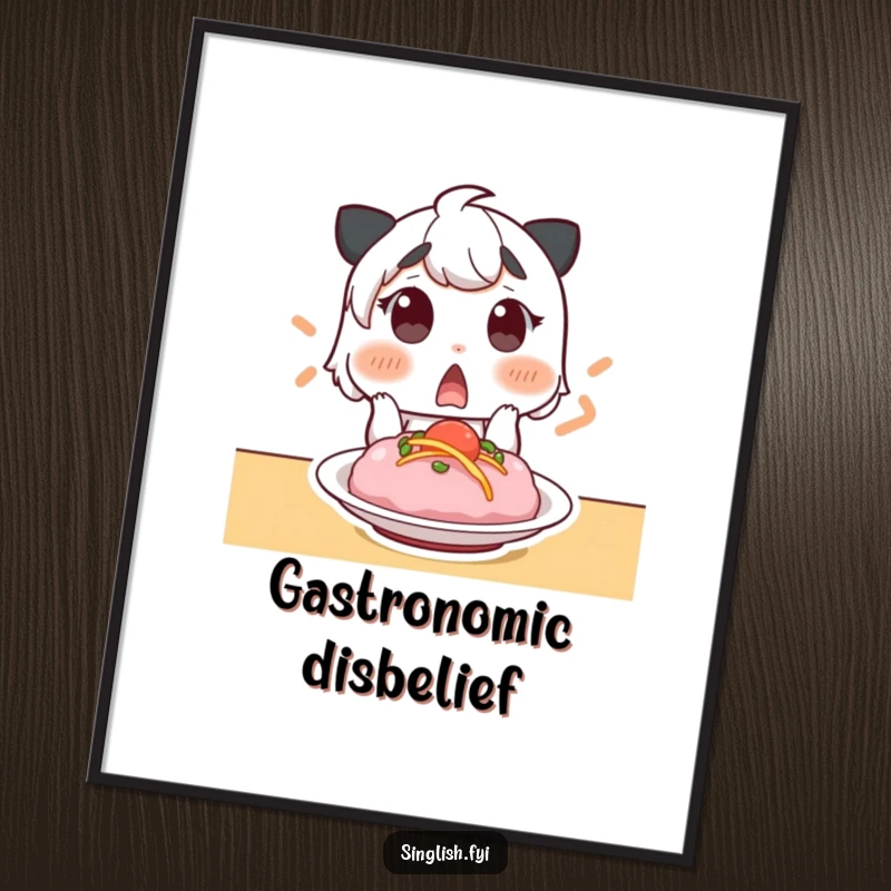 Funny poster of a surprised character with raised eyebrows, gasping at a delicious-looking meal. Humorous food-themed wall decor.
