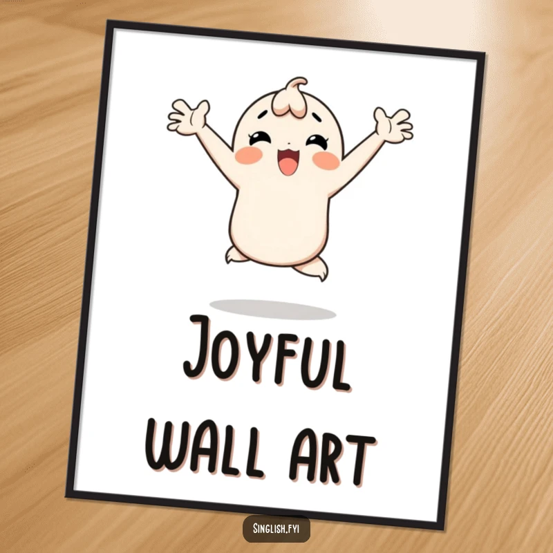 Funny poster of a character doing a happy hop with arms thrown wide, perfect for energetic wall art and joy.