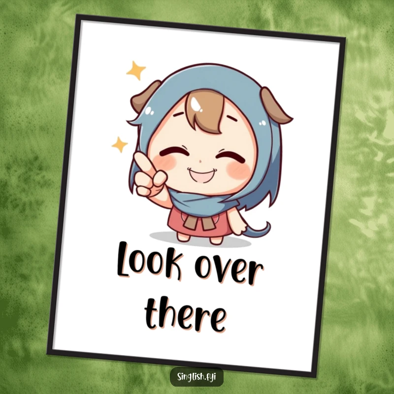 Funny Pointing Character Poster featuring a grinning character playfully pointing at an unseen object, ideal for humorous wall decor.