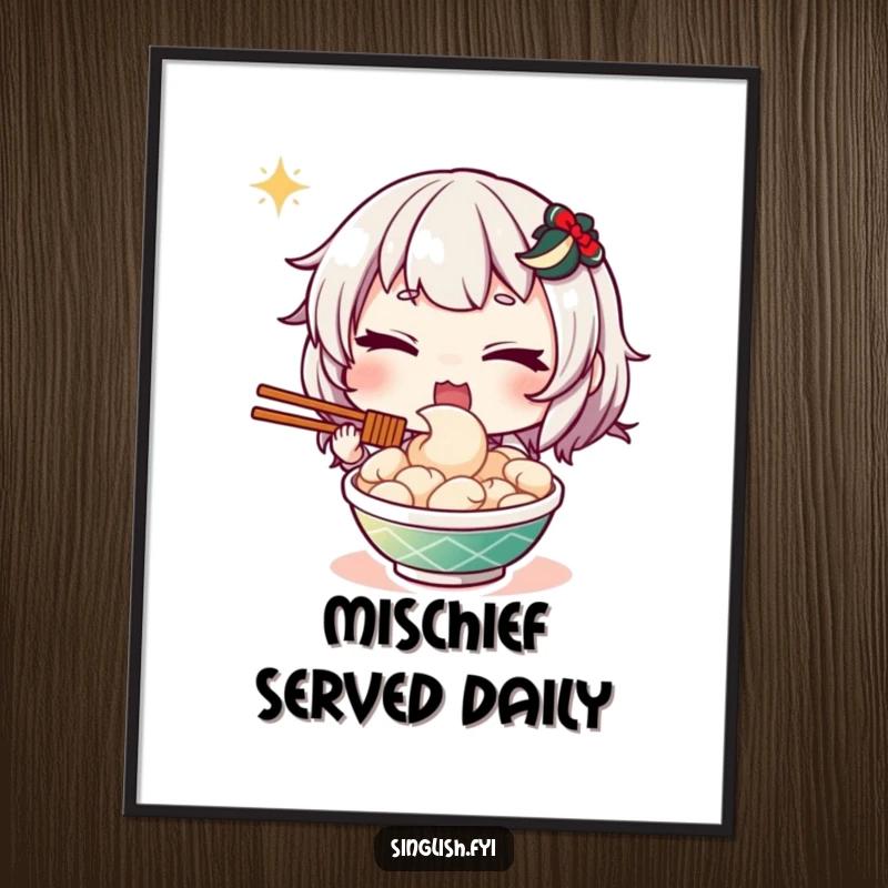 Funny poster print featuring a character with a playful wink, presenting a tempting plate of mee goreng noodles, adding zest to decor.