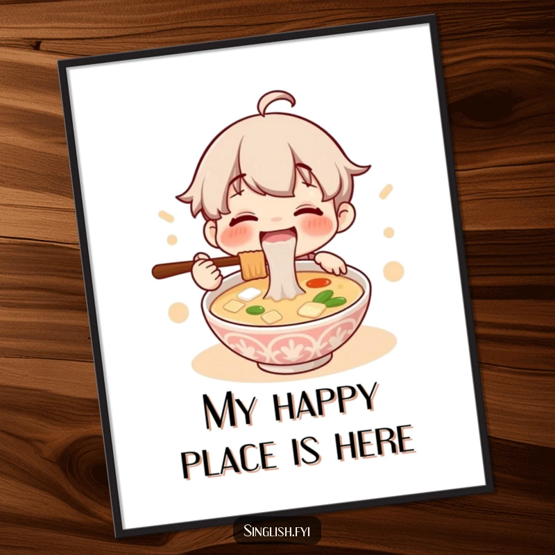 Funny poster print of a cute character blissfully slurping a hearty bowl of lontong soup, capturing the essence of comfort food joy.