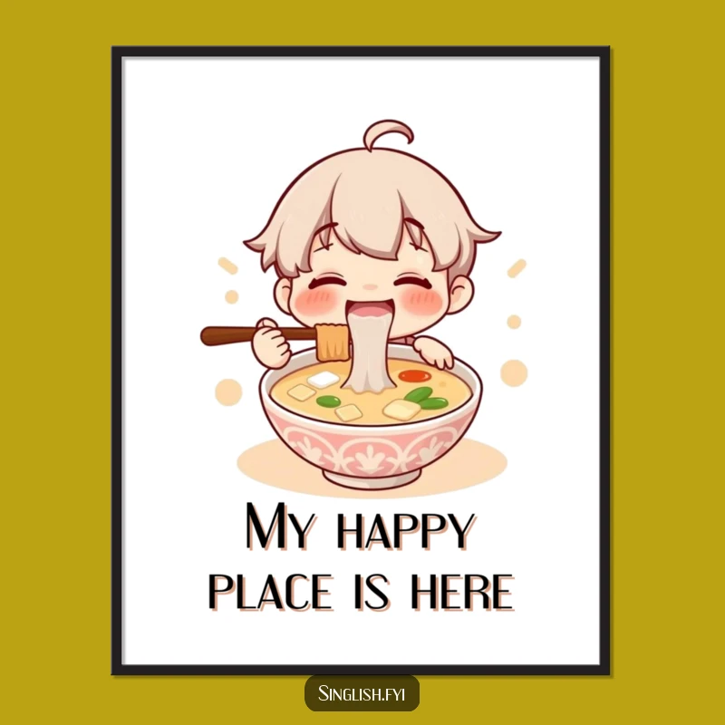 Funny Lontong Soup Art Poster: Happy Character Slurping Noodles, Charming Wall Decor Gift