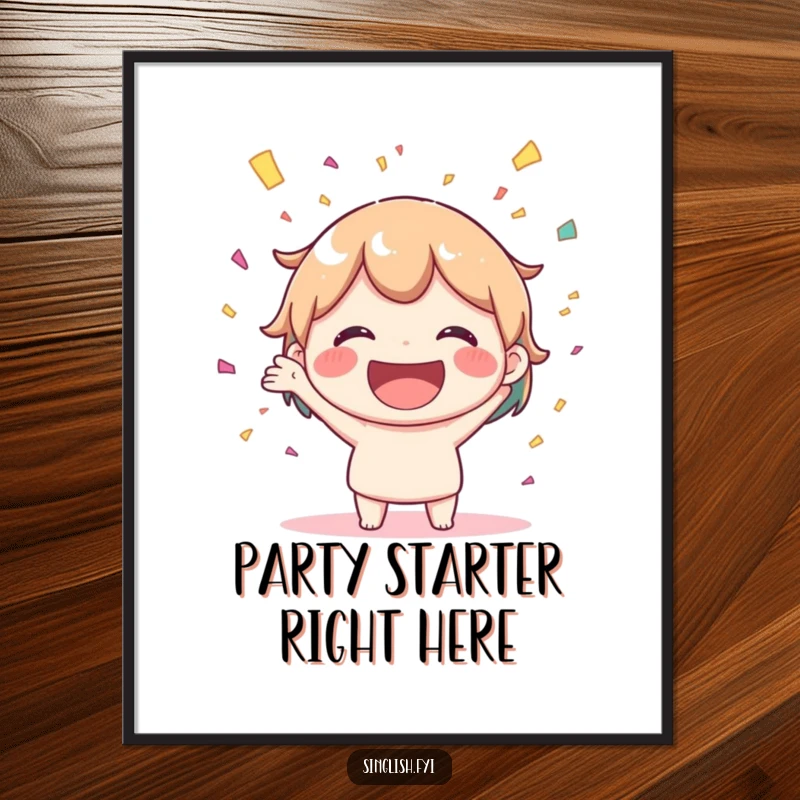 Funny poster depicting a joyful character with a huge smile, throwing festive confetti. Humorous and uplifting wall art.