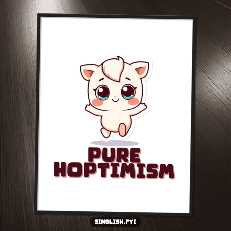 Funny poster of a small, cute character with big eyes doing a happy hop, radiating infectious positivity and playful charm.