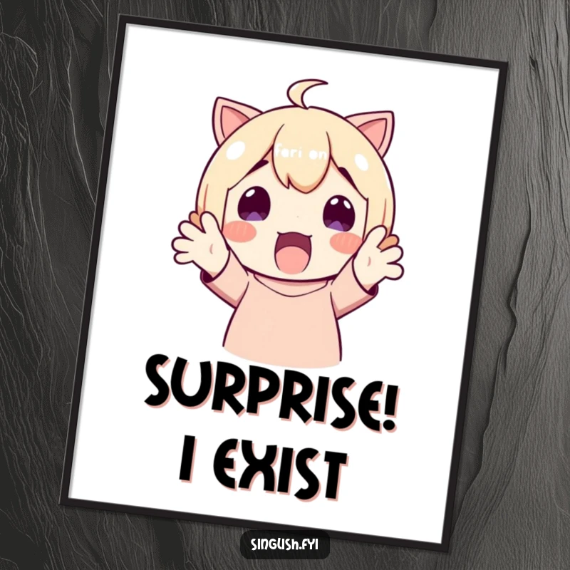 Funny Poster: A character displays pure delight with hands up in surprise. Excellent wall art gift.