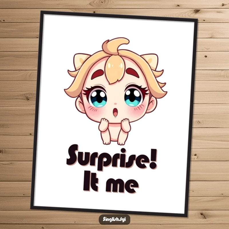 Funny poster art of a character with wide, shocked eyes and raised eyebrows, conveying a humorous moment of surprise for wall decor.