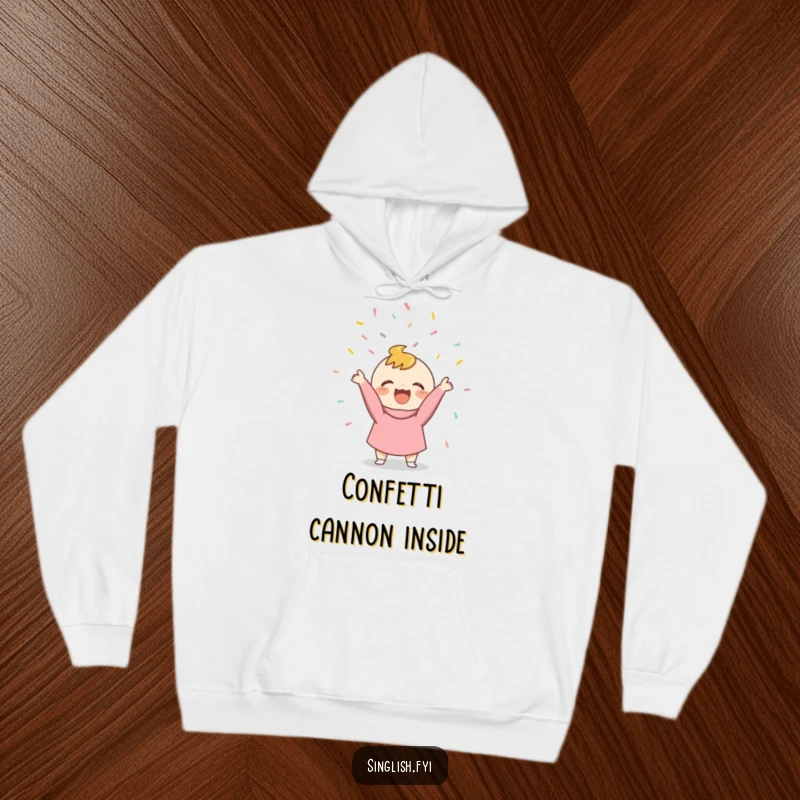 Funny Confetti Thrower Hoodie featuring a character exuberantly throwing confetti, a warm and humorous apparel.