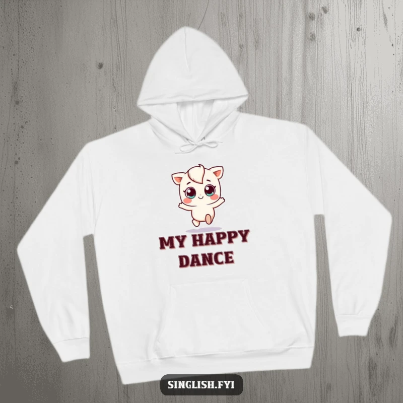 Funny hoodie featuring a small, big-eyed character joyfully hopping, offering cozy warmth and a delightful sense of playful happiness.